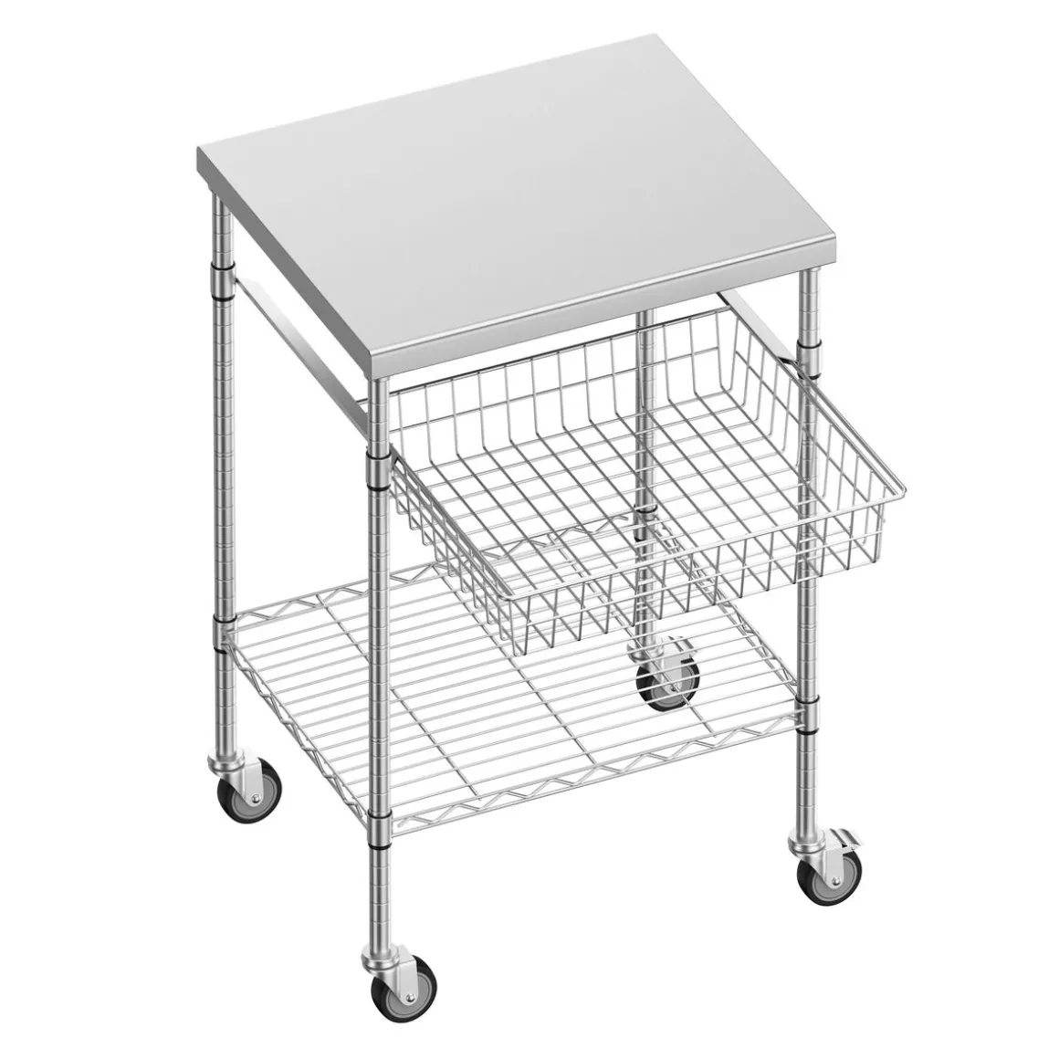 Arbeitstisch Edelstahl mit Rollen und Ablagen 61 x 51 cm silber