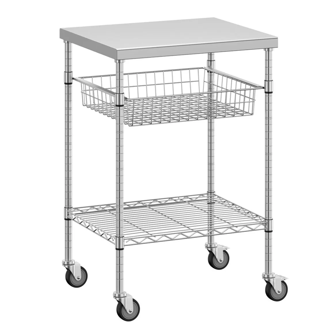 Arbeitstisch Edelstahl mit Rollen und Ablagen 61 x 51 cm silber