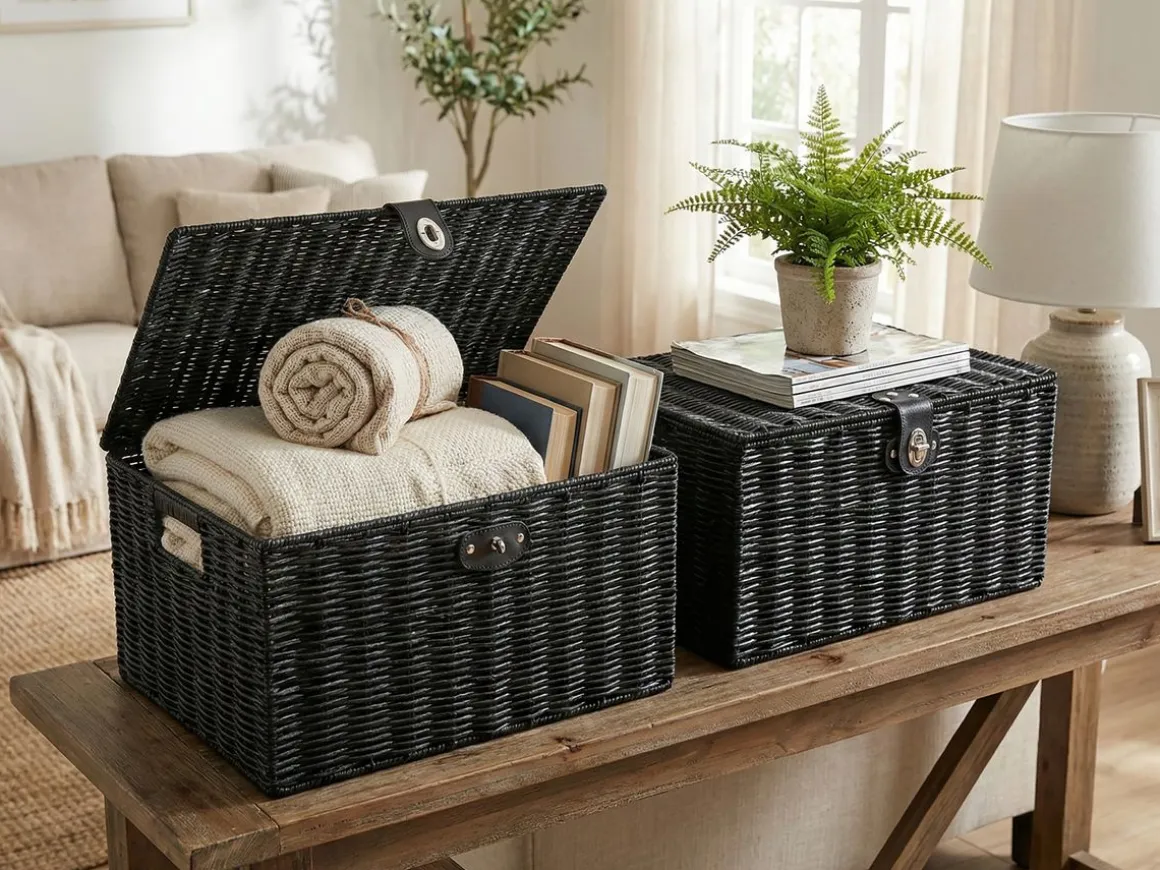 Aufbewahrungskorb mit Deckel RHINE 36 x 19 x 28 cm 2er Set schwarz