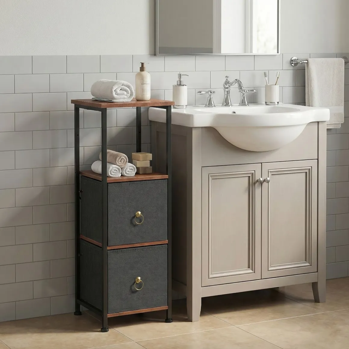 Badezimmerregal mit 2 Stoffschubladen 30 x 86 cm braun/schwarz