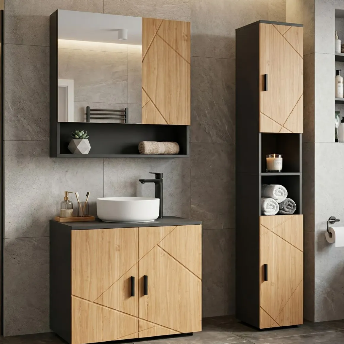 Badezimmerschrank AQUALIA 30 x 30 x 190 cm braun/schwarz