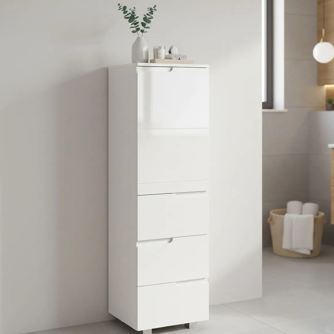 Badezimmerschrank AVILA 40 x 135 cm Hochglanz weiss