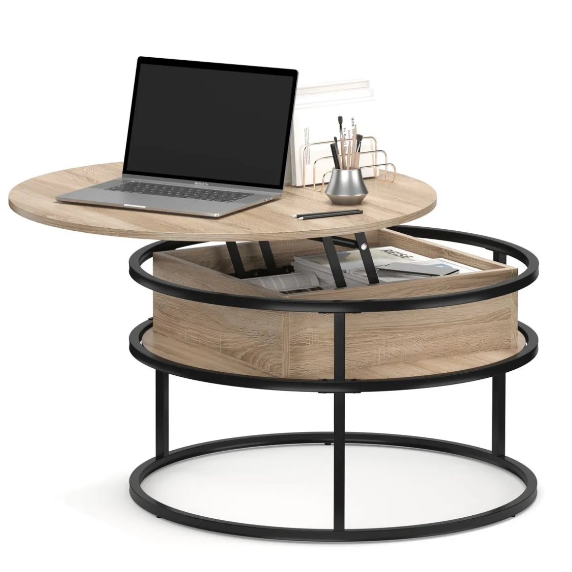Beistelltisch FLEXORA rund mit Stauraum 80 x 47 - 62 cm braun