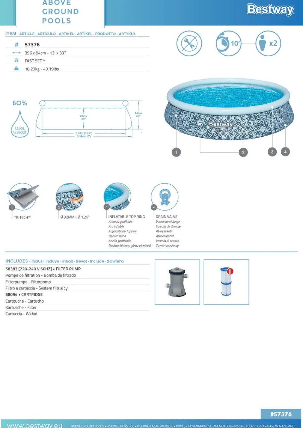 Bestway Pool mit Filterpumpe 396 x 84 cm