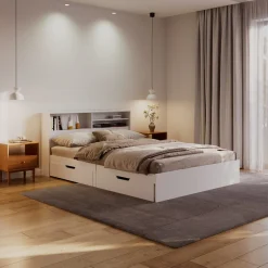 Bett Holz GENESIS mit Stauraum und Schubladen 140 x 200 cm weiss