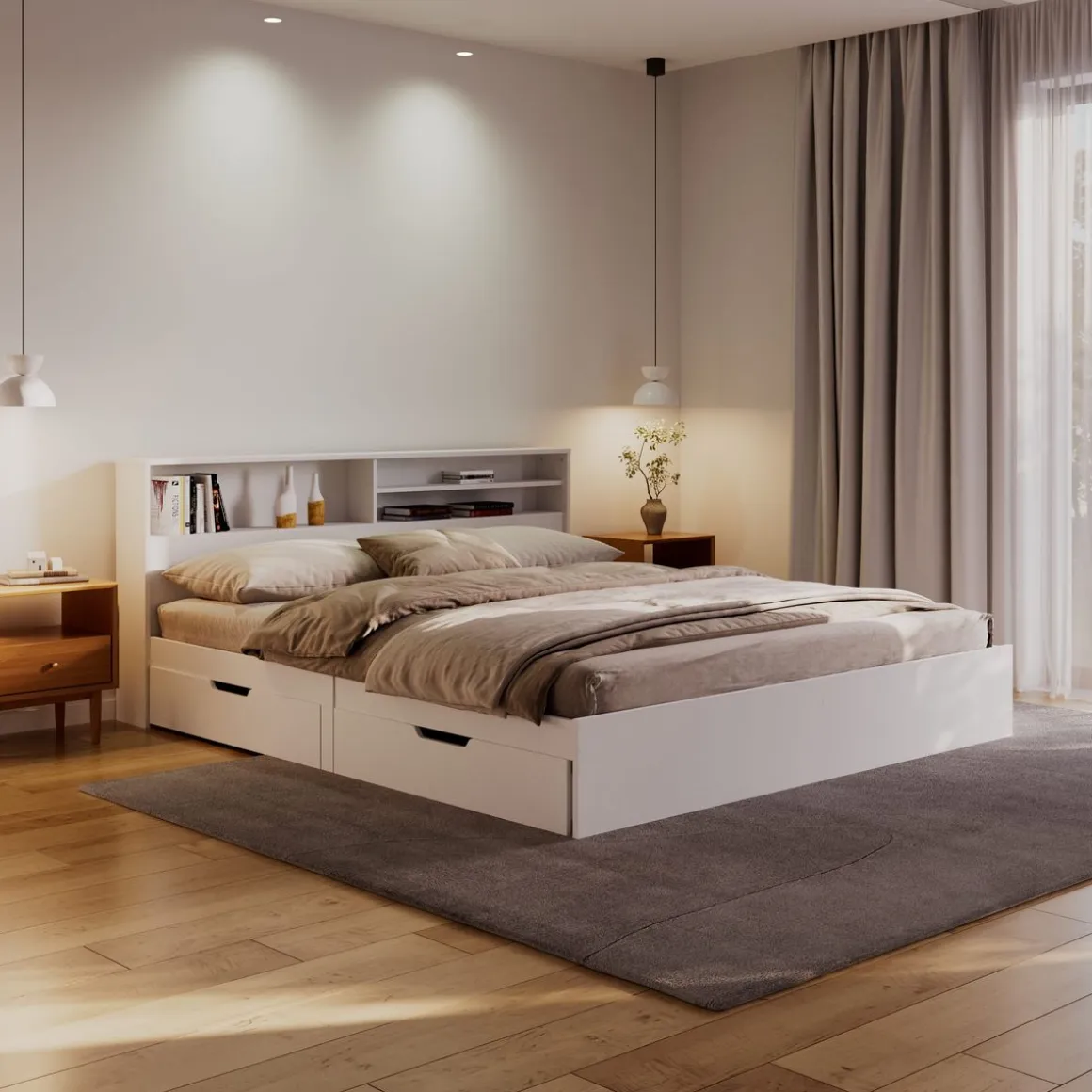 Bett Holz GENESIS mit Stauraum und Schubladen 180 x 200 cm weiss
