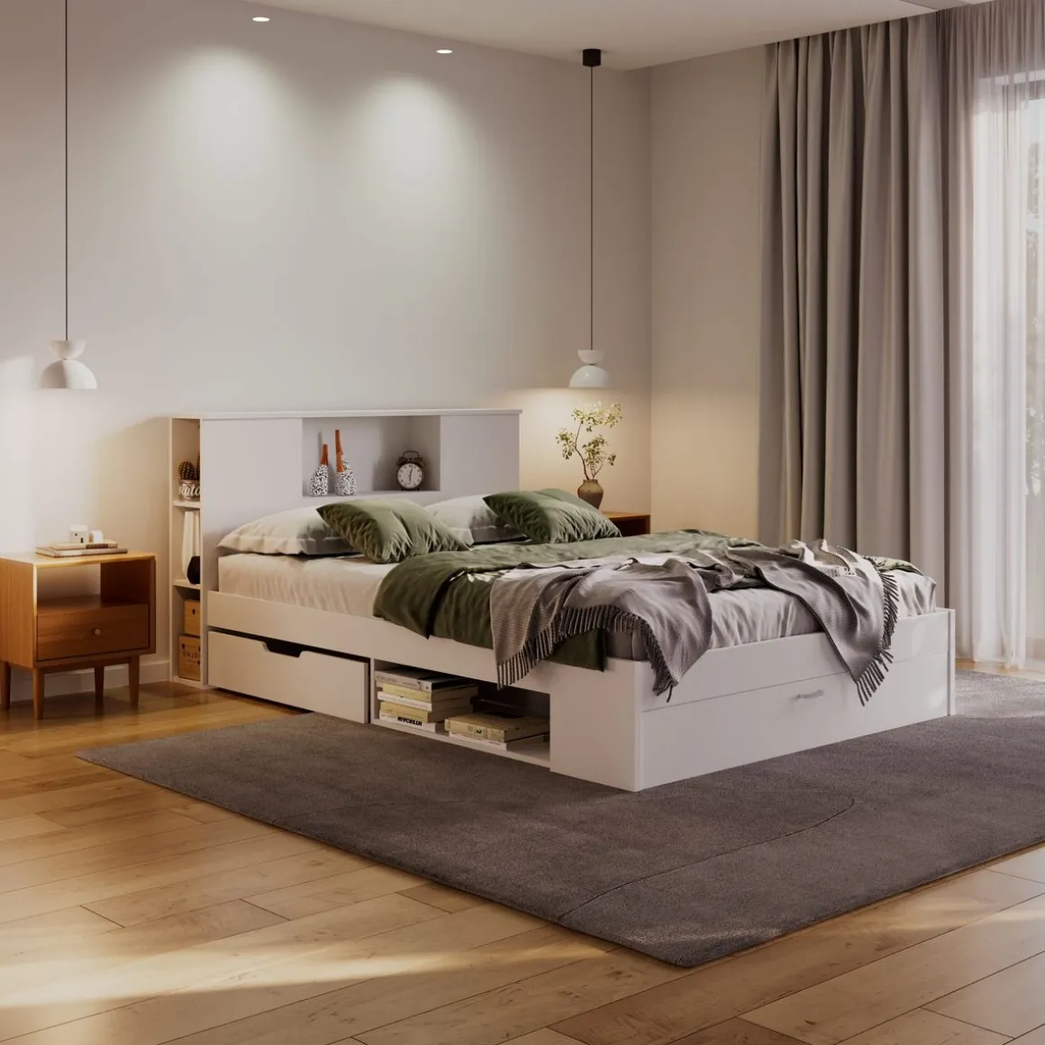 Bett Holz MADELYN mit Stauraum und Schublade 140 x 200 cm weiss