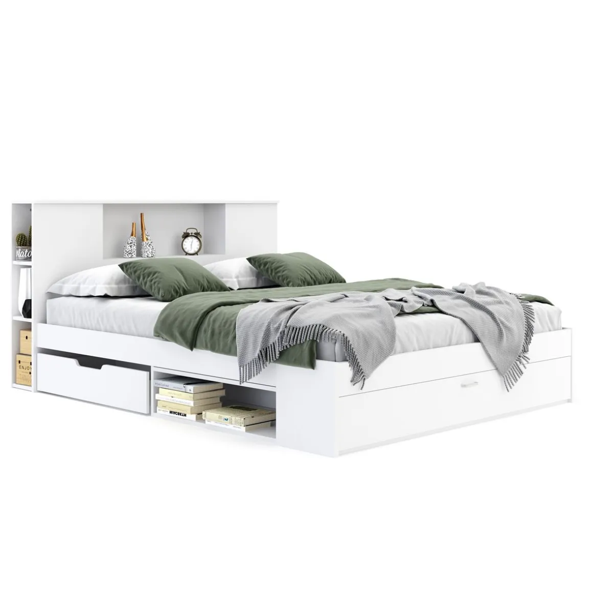Bett Holz MADELYN mit Stauraum und Schublade 160 x 200 cm weiss