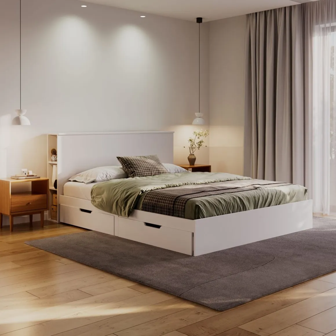 Bett Holz MARGARET mit Stauraum und Schubladen 160 x 200 cm weiss