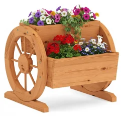 Blumenkasten mit Wagenrad braun