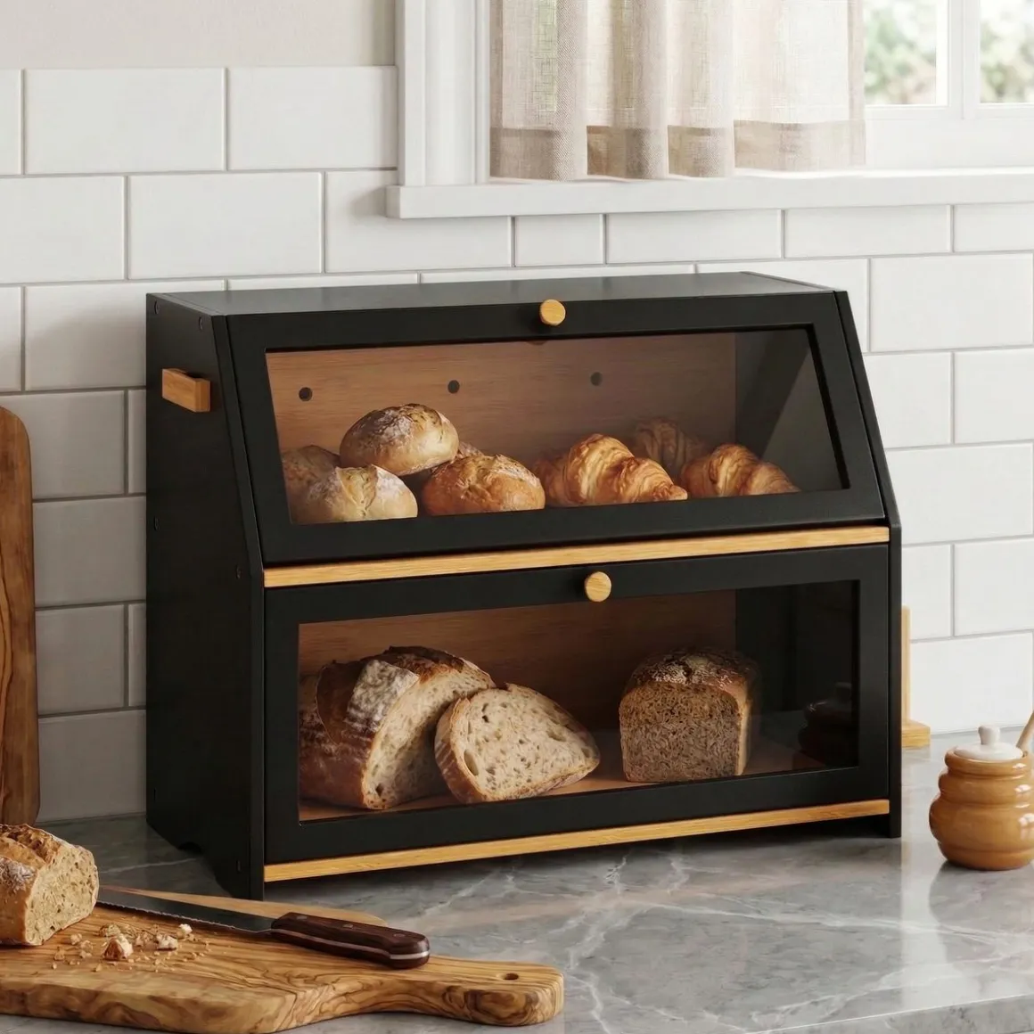 Brotkasten Bambus 50 x 25 x 37 cm schwarz natur