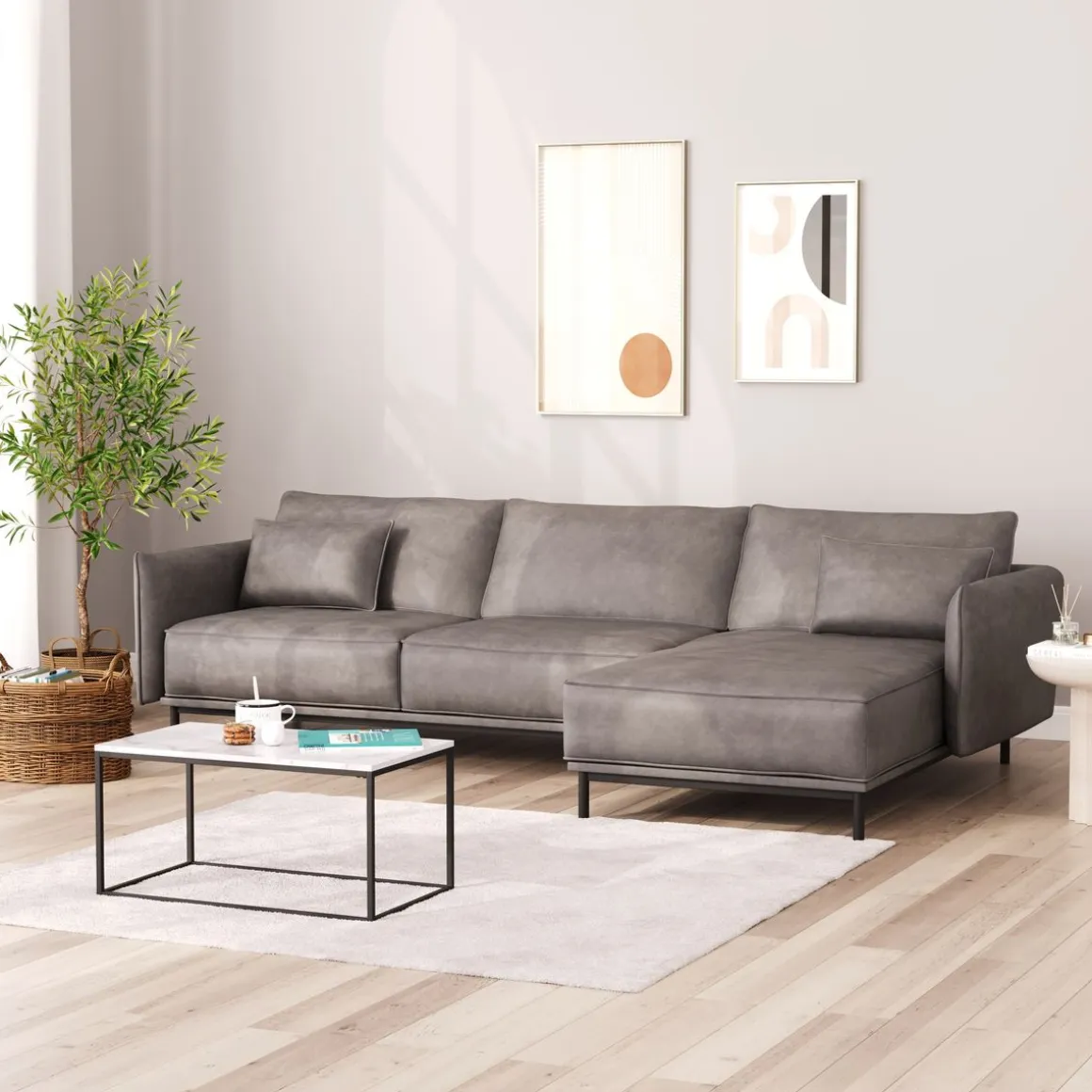 Ecksofa Leder ELVIS rechts grau