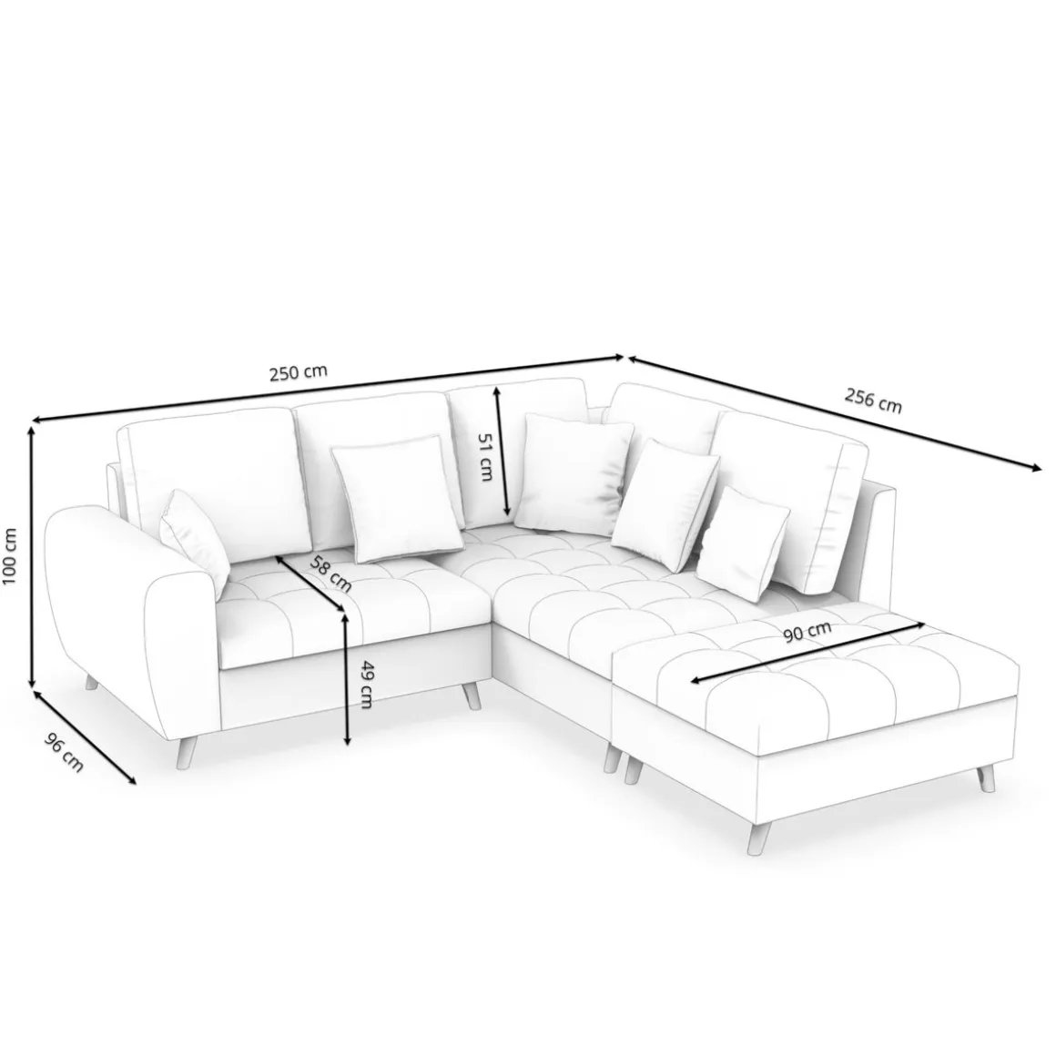 Ecksofa mit Ottomane ISLA rechts anthrazit