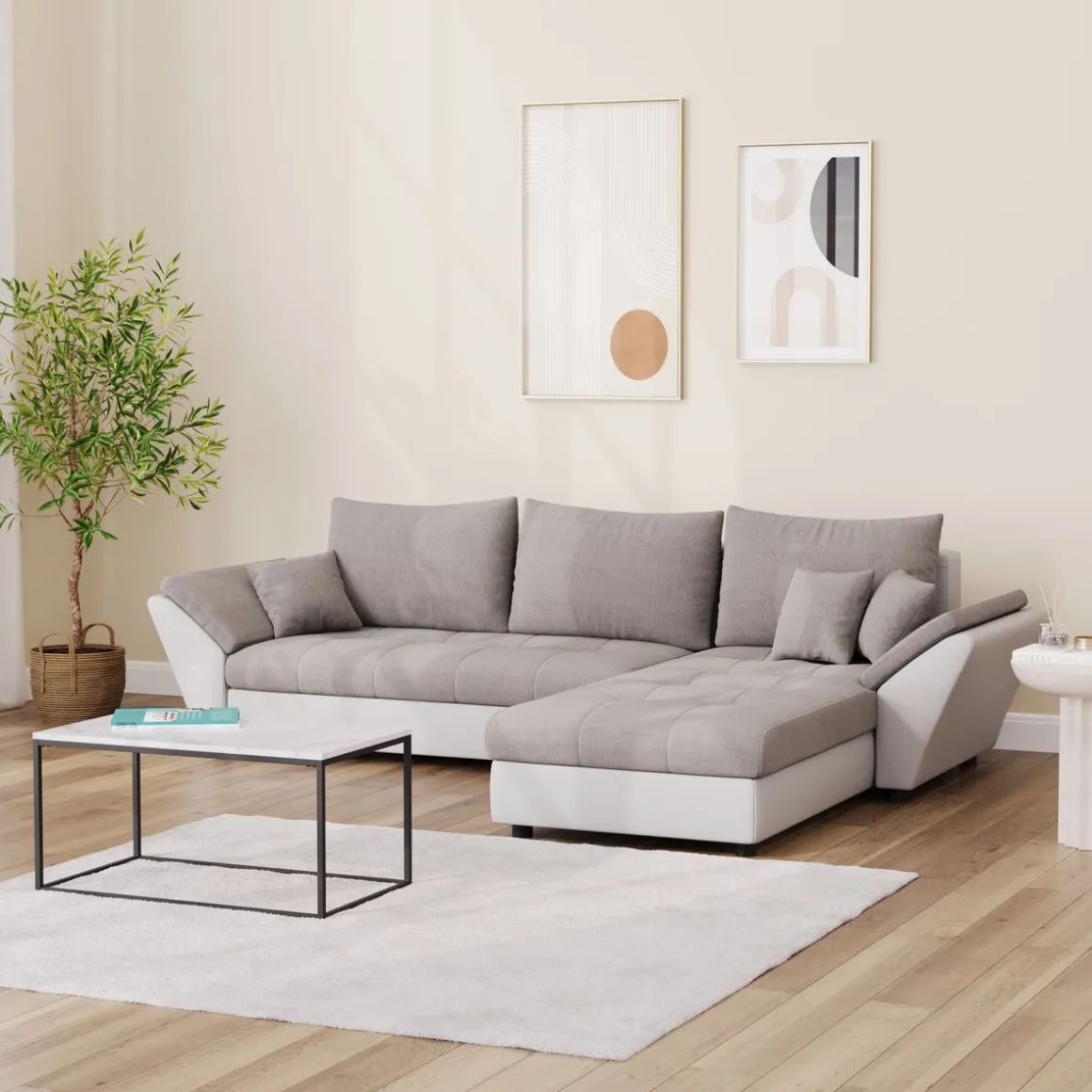 Ecksofa mit Schlaffunktion CAESAR links/rechts weiss/beige