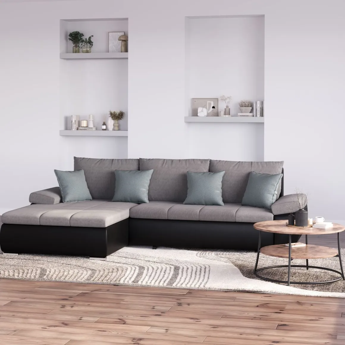 Ecksofa mit Schlaffunktion KIRA links schwarz/grau