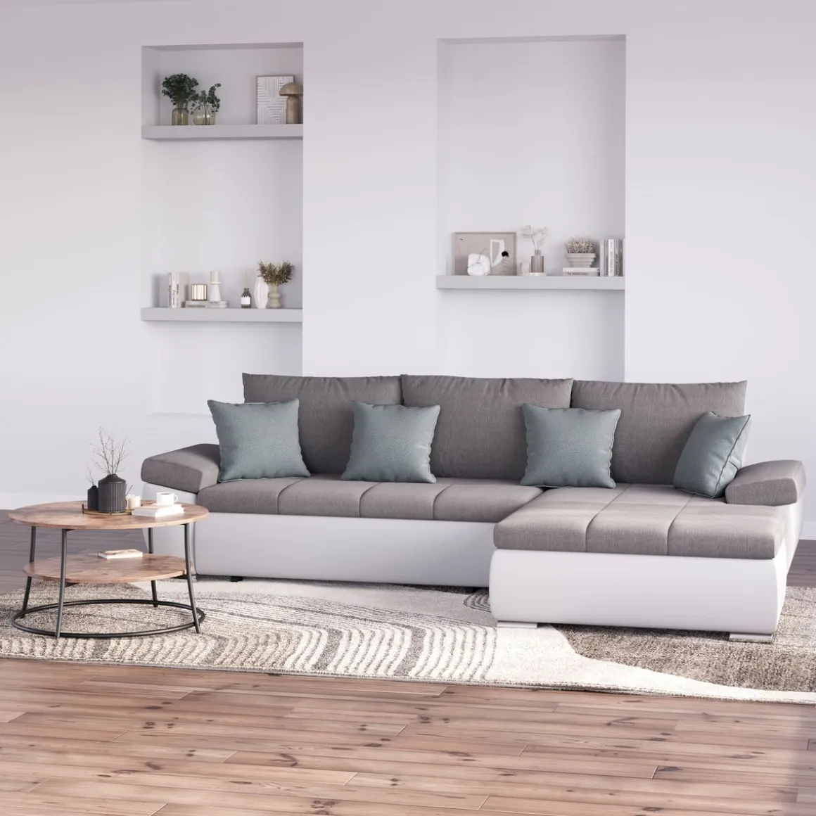 Ecksofa mit Schlaffunktion KIRA rechts weiss/grau