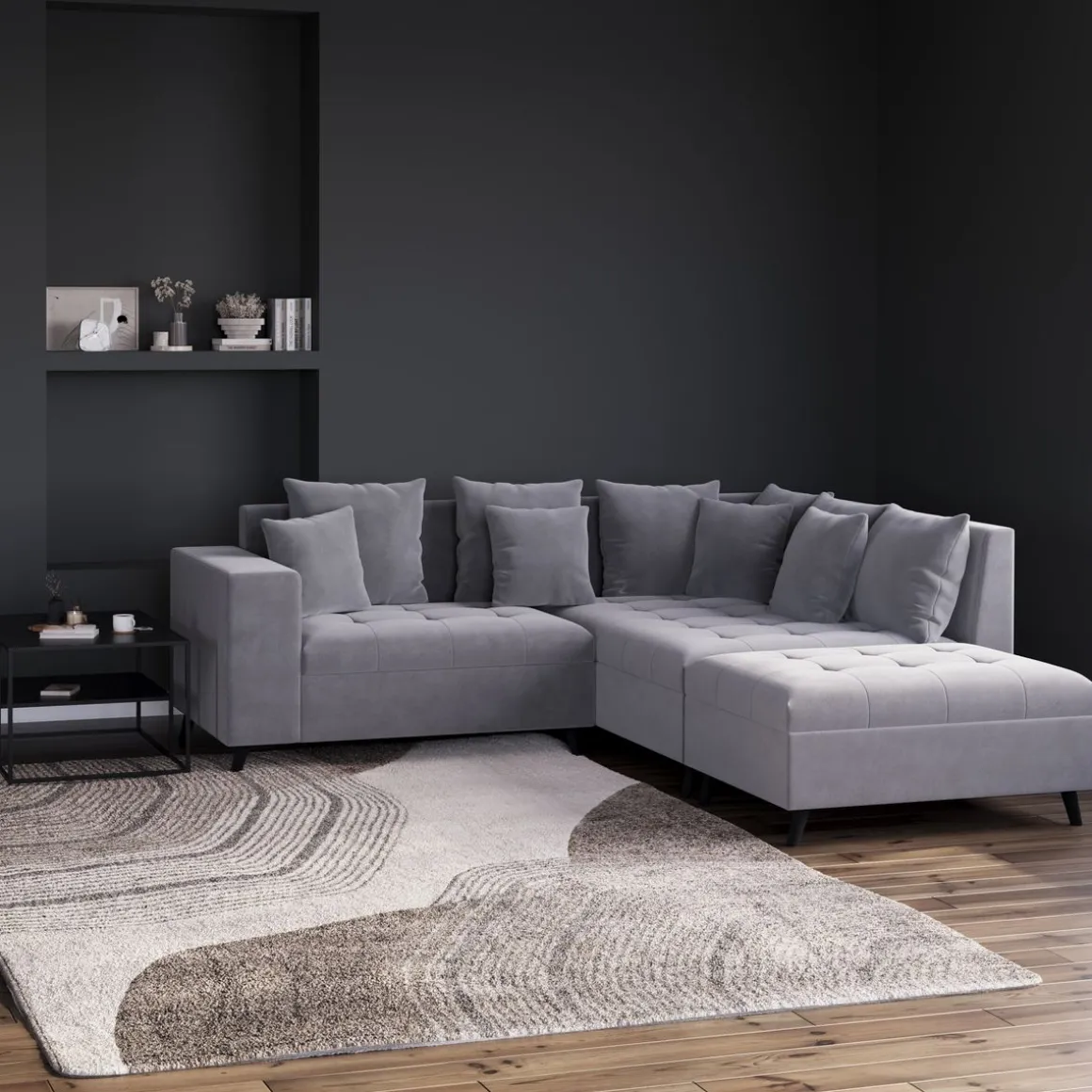 Ecksofa Samt mit Ottomane ELINA rechts grau