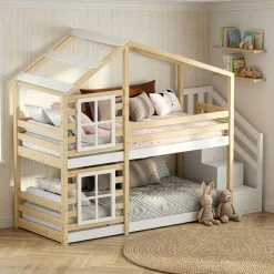 Etagenbett Hausbett DRYMOS 90 x 200 cm natur/weiss