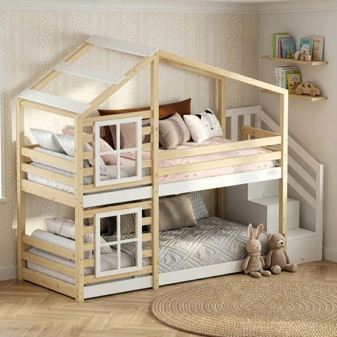 Etagenbett Hausbett DRYMOS 90 x 200 cm natur/weiss