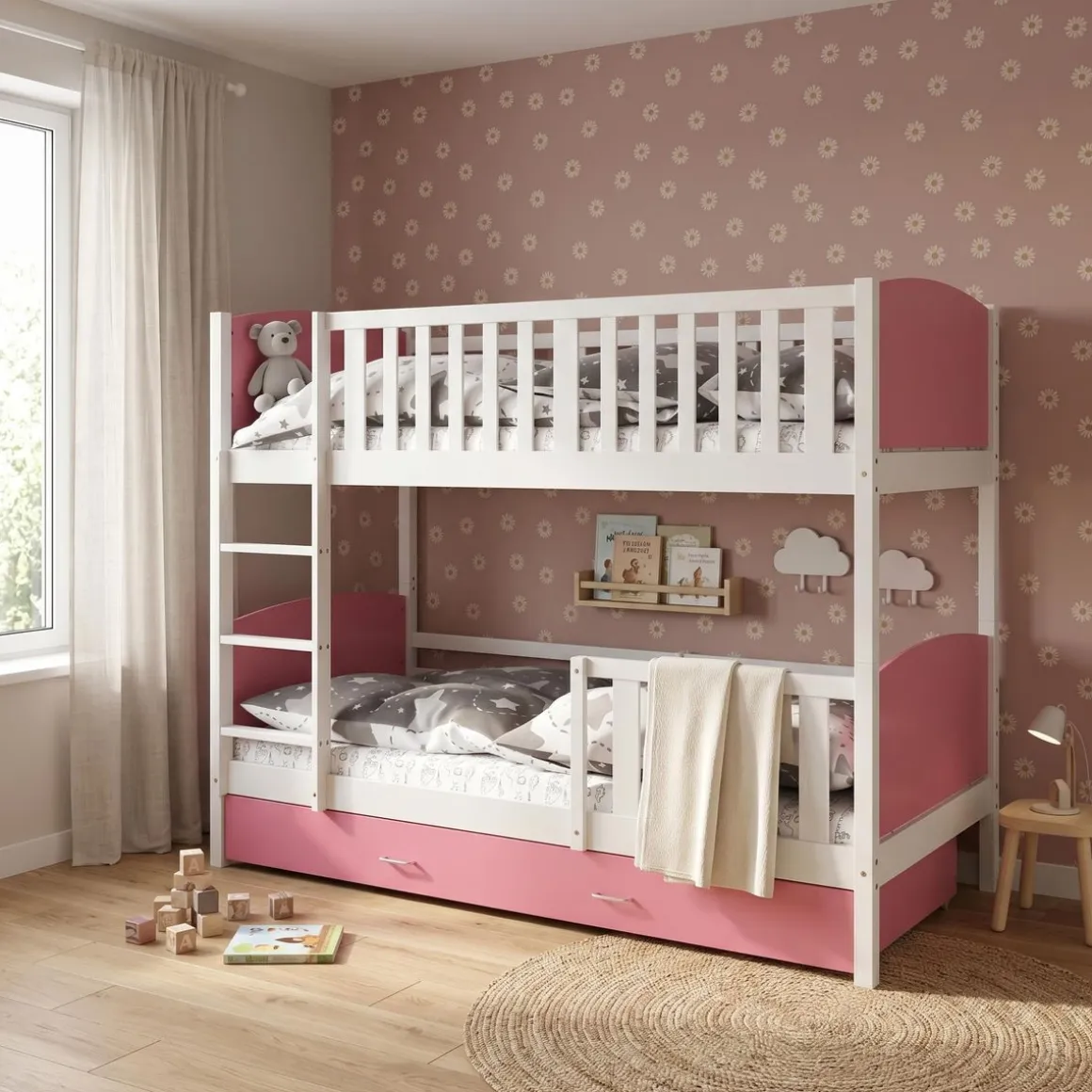 Etagenbett mit Stauraum JOHNNY 90 x 200 cm rosa/weiss