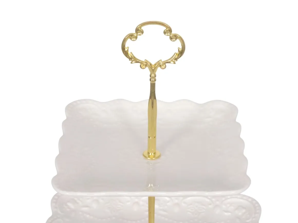 Etagere Keramik 3-stöckig weiss/gold