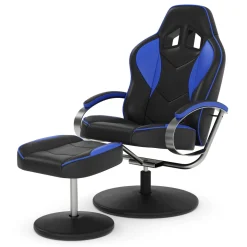Fernsehsessel Leder mit Fusshocker blau/schwarz