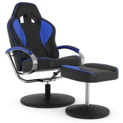 Fernsehsessel Leder mit Fusshocker blau/schwarz