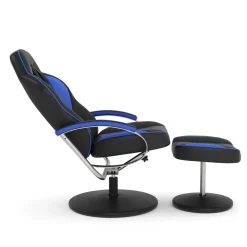 Fernsehsessel Leder mit Fusshocker blau/schwarz