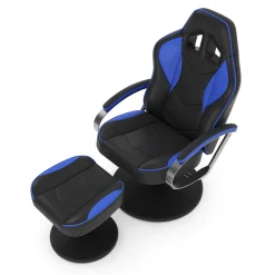 Fernsehsessel Leder mit Fusshocker blau/schwarz