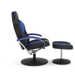 Fernsehsessel Leder mit Fusshocker blau/schwarz