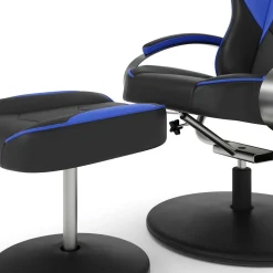 Fernsehsessel Leder mit Fusshocker blau/schwarz