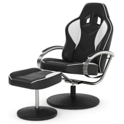 Fernsehsessel Leder mit Fusshocker weiss/schwarz