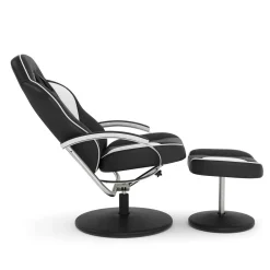 Fernsehsessel Leder mit Fusshocker weiss/schwarz