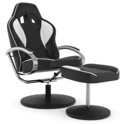Fernsehsessel Leder mit Fusshocker weiss/schwarz