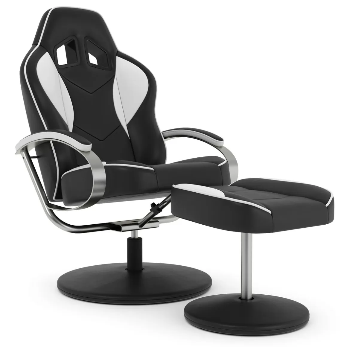 Fernsehsessel Leder mit Fusshocker weiss/schwarz