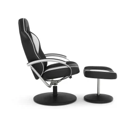 Fernsehsessel Leder mit Fusshocker weiss/schwarz