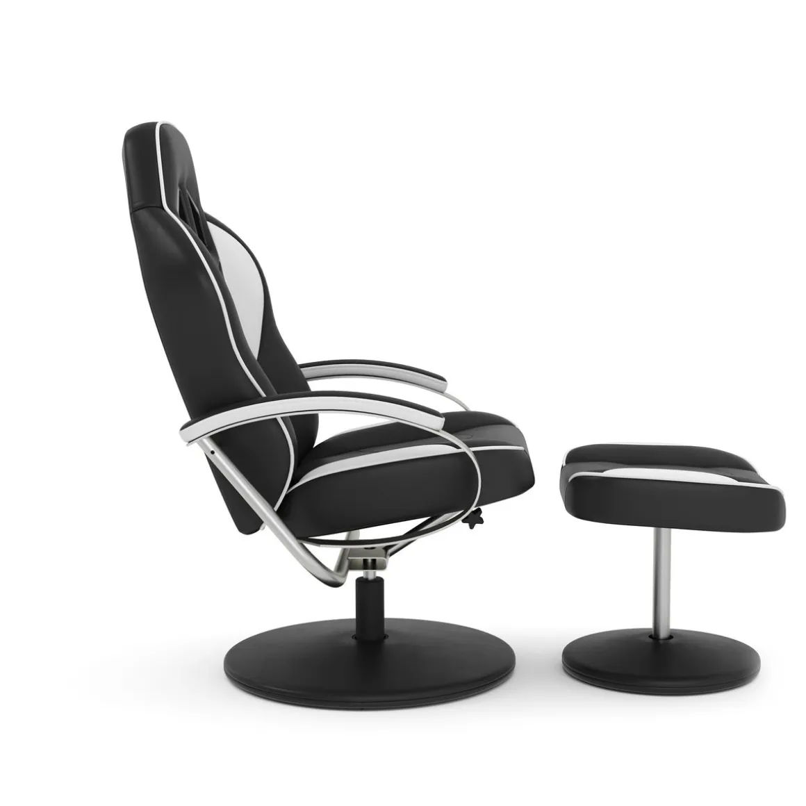 Fernsehsessel Leder mit Fusshocker weiss/schwarz