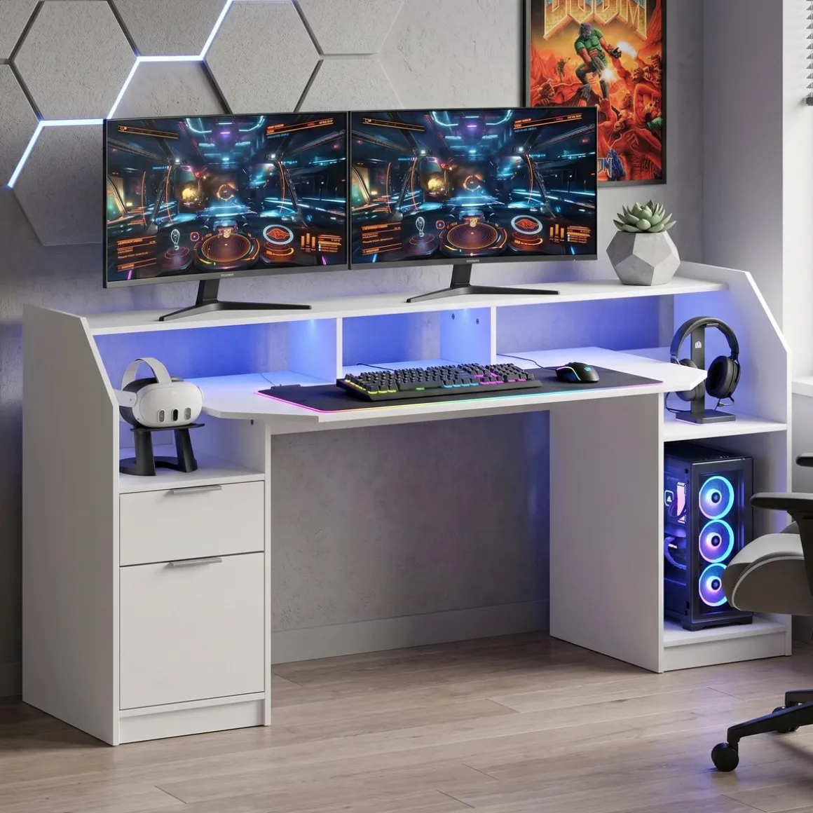Gamingtisch LED REGULUS 180 x 66 x 91 cm weiss