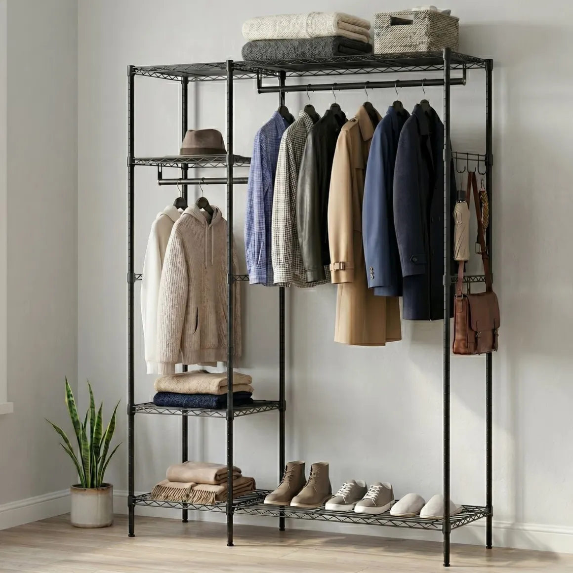 Garderobe Kleiderständer 114 x 195 cm mit 3 Stangen schwarz