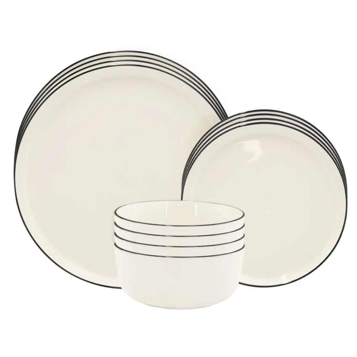 Geschirr-Set Porzellan 12-teilig cremeweiss/schwarz