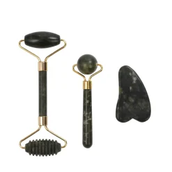 Gua Sha und Jade Roller Set 3-teilig schwarz/gold