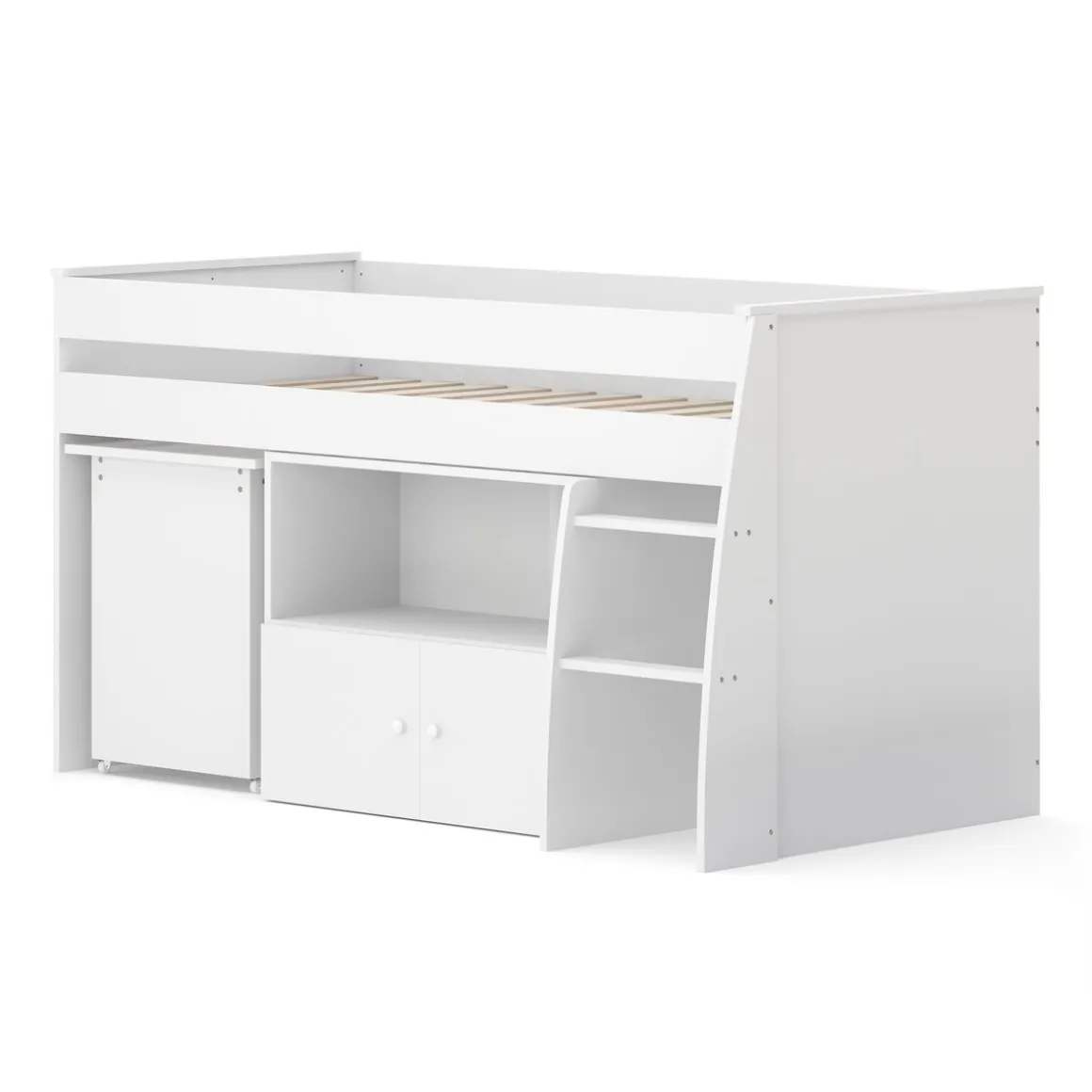 Hochbett Holz STANLEY mit Schreibtisch und Kommode 90 x 200 cm weiss