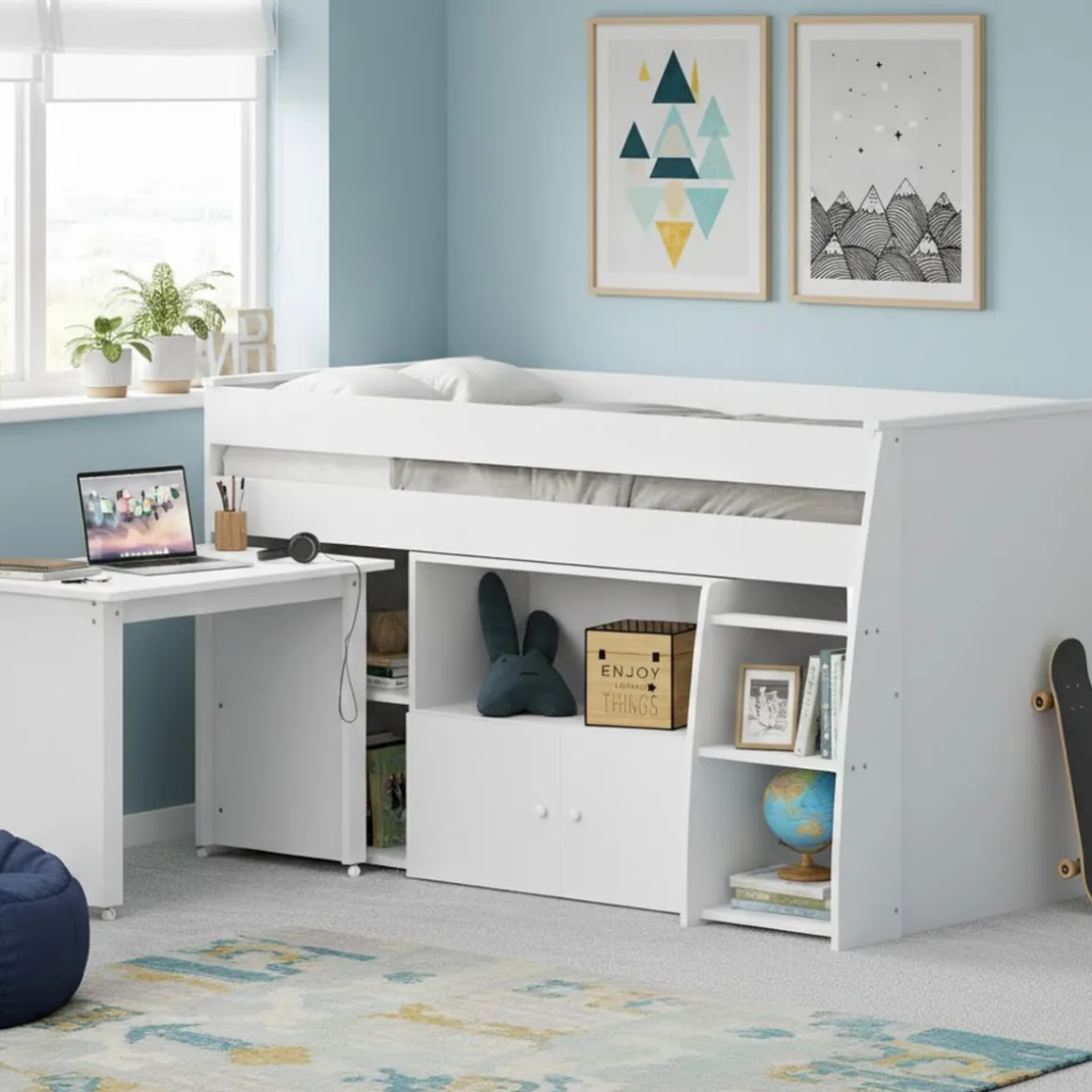 Hochbett Holz STANLEY mit Schreibtisch und Kommode 90 x 200 cm weiss