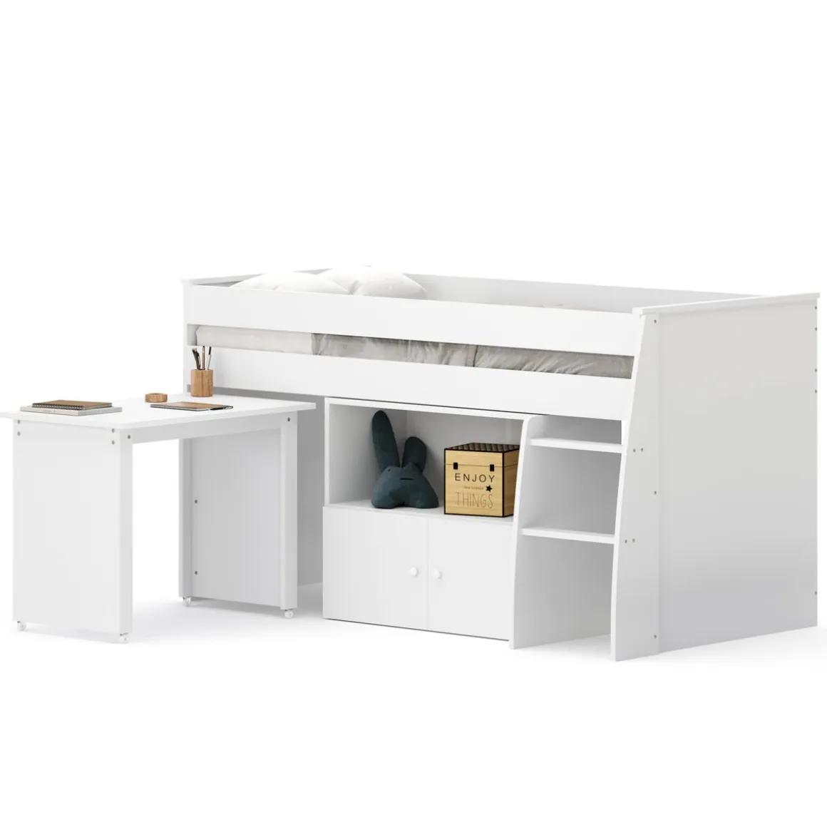 Hochbett Holz STANLEY mit Schreibtisch und Kommode 90 x 200 cm weiss