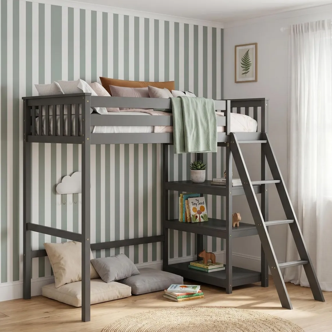 Hochbett mit Regal AGGELOS 90 x 200 cm grau
