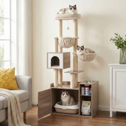 Katzenbaum mit Katzentoilette und Fressstation 155 cm braun