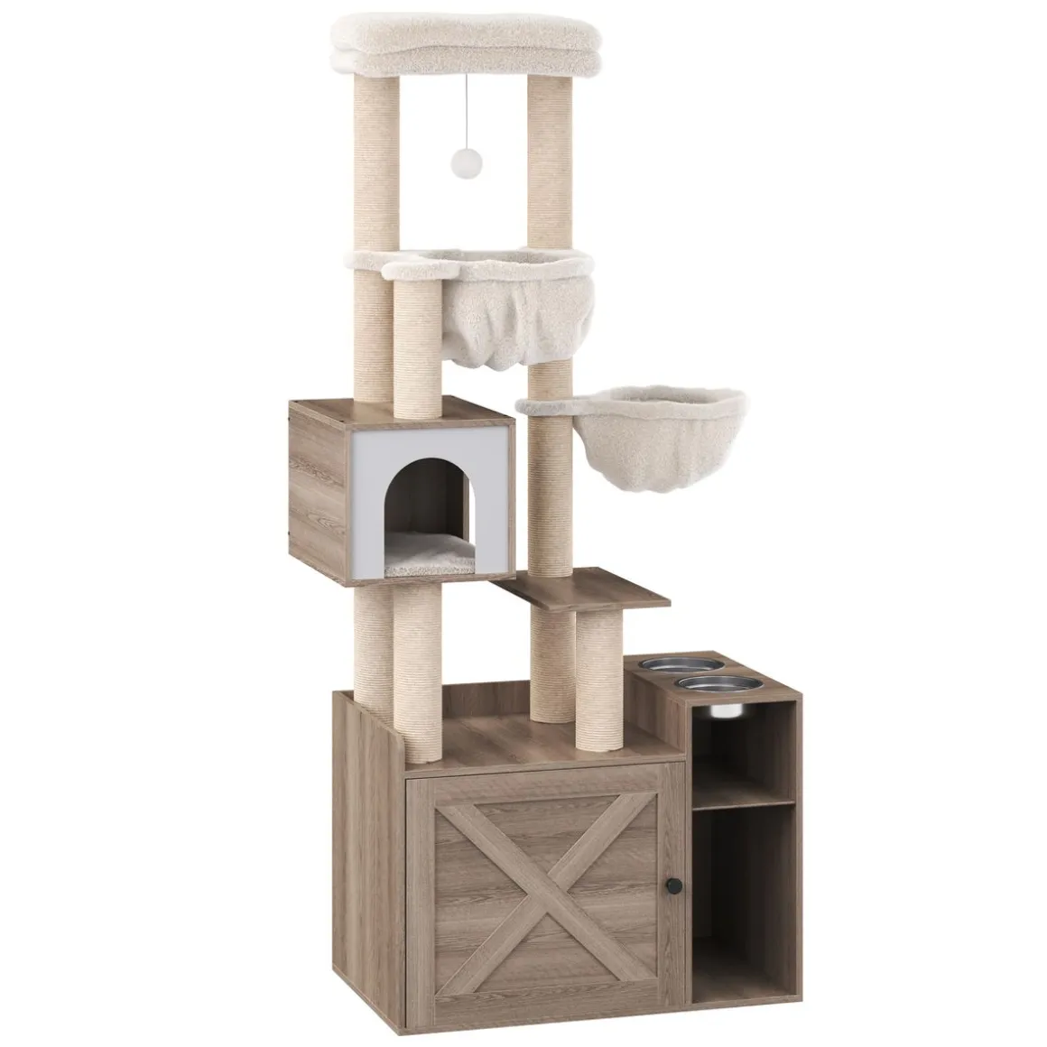 Katzenbaum mit Katzentoilette und Fressstation 155 cm braun