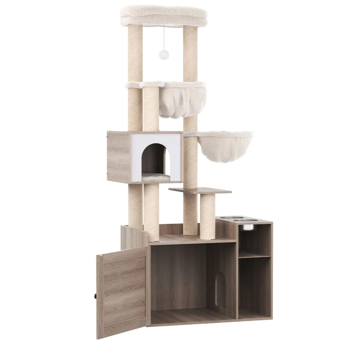 Katzenbaum mit Katzentoilette und Fressstation 155 cm braun