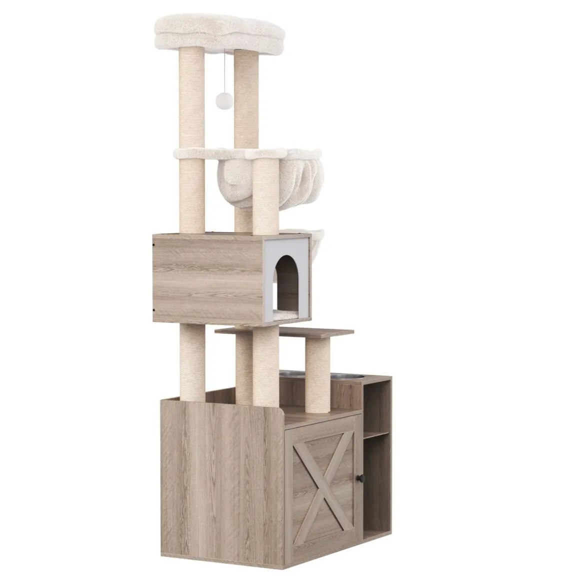 Katzenbaum mit Katzentoilette und Fressstation 155 cm braun