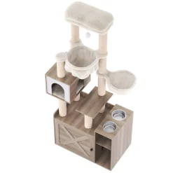 Katzenbaum mit Katzentoilette und Fressstation 155 cm braun